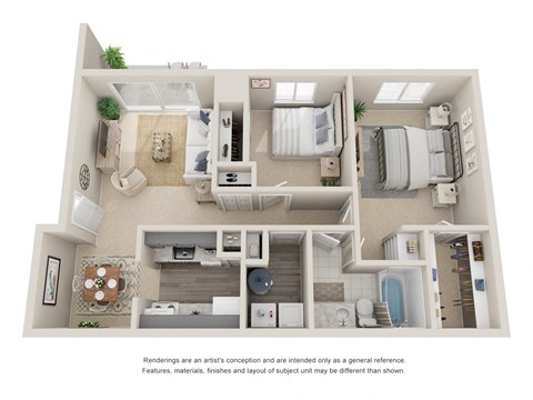 Two bedroom, one bathroom three dimensional floor plan.